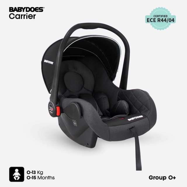 BABYDOES CARRIER - Kids Car Seat with Full Body Support Cushion, Adjustable Harness And Canopy, Rear Facing Seat, Carry Cot, 0-15 Months Upto 13 kg - Black - CH-JM 4055A SN
