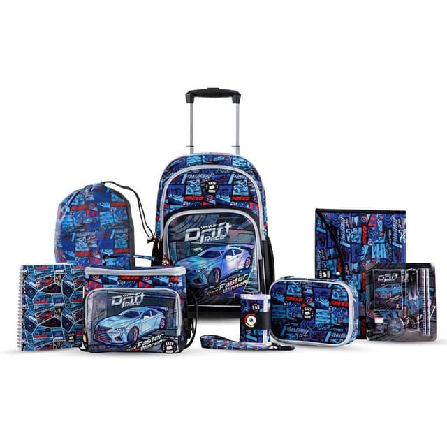 Eazy Kids 18Inch Set of 9 Backpack With 4 Wheel Trolley, Lunch Bag and Pencil Case - Car Racing - CMEZ-S9TR-DRBU