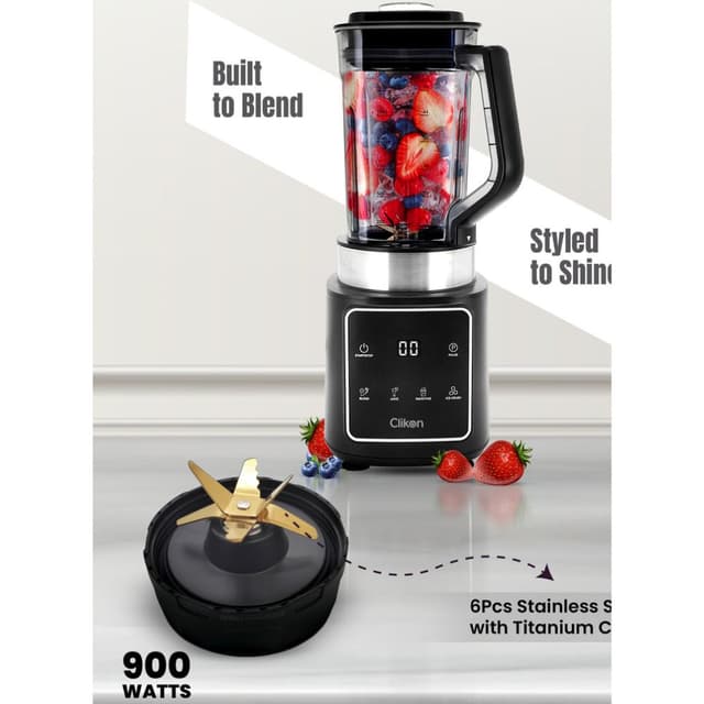 Clikon Digi Blend Digital Smoothie Maker CK1216 900 W 1.5 L Ribbed PC Jar 6‑Piece Titanium‑Coated Blades 4 Intelligent Preset Programs Ice Crusher Nutrient Extractor Black
