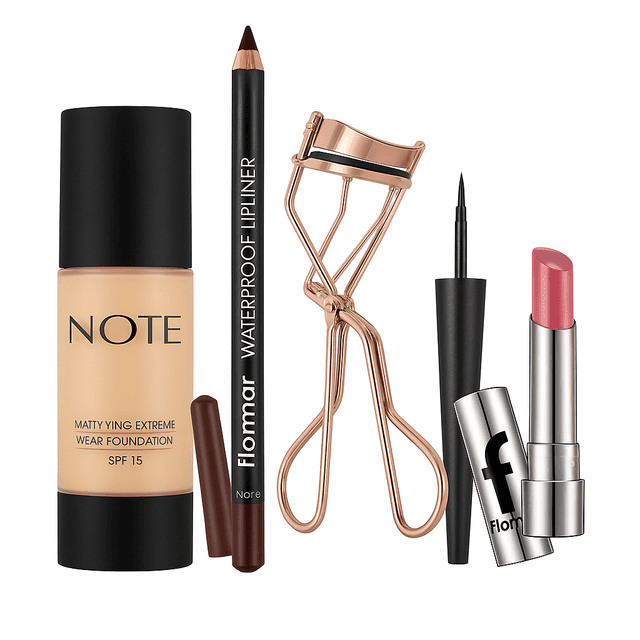 Flormar & Note 5-Piece Makeup Pro Kit - Waterproof Lipliner, Eyelash Curler, Foundation, Liquid Eyeliner & Sheer Lipstick