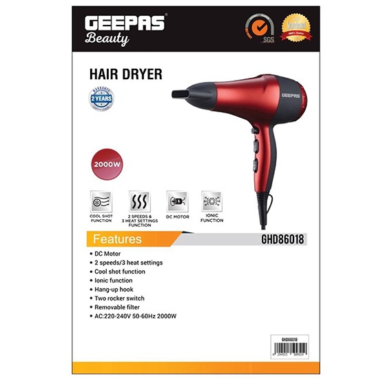 Geepas Hair Dryer 2Speed 3 Heat Cool shot Ionic 1x12,GHD86018