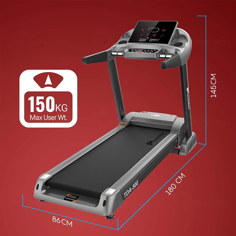 PowerMax Fitness Unisex Adult TDA-500 (6.0 Hp) Motorized Treadmill With Semi Auto Lubrication With 3d Smart Touch Keys For Cardio Workout - Black/Grey, General-Foldable