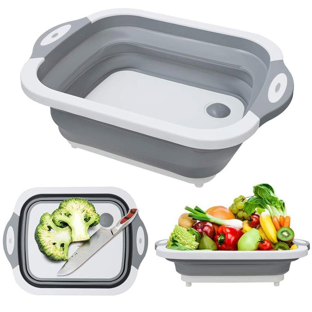 Foldable Multifunction Chopping Board, Collapsible Dish Tub Basin Cutting Board Colander, Vegetable Fruit Wash and Drain Sink Storage Basket, Space Saving for Kitchen Home (Grey)