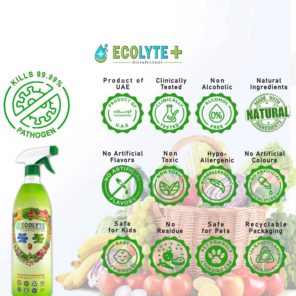 Ecolyte Plus Fruits & Vegetables Disinfectant 100% Natural 1 Litre, ECO-F&V-1LTR