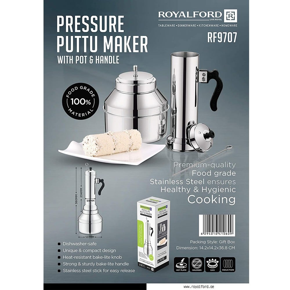 Royalford Stainless Steel Pressure Puttu Maker with Pot and Handle, Multi-Colour, RF9707
