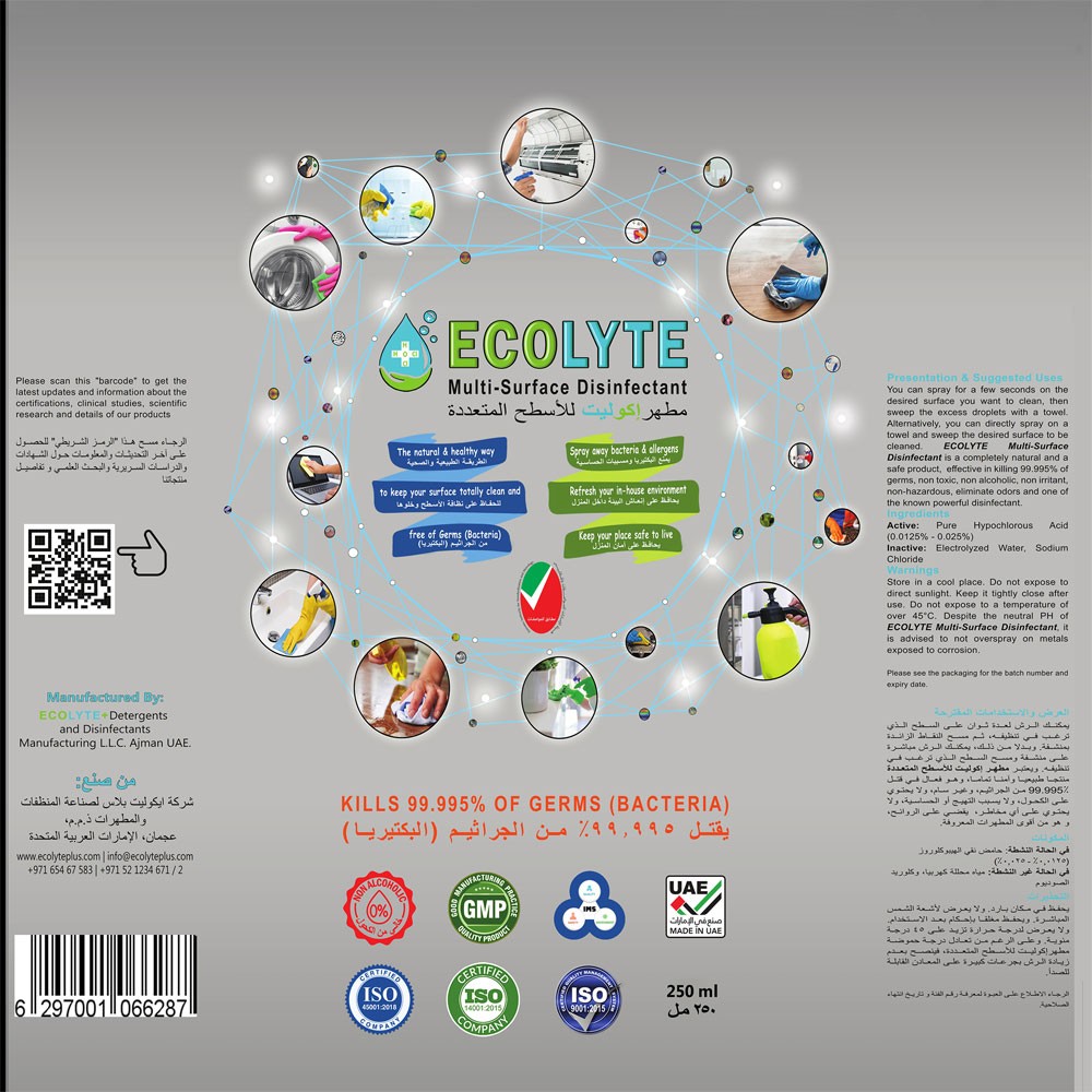 Ecolyte Plus Multi Surface Disinfectant 100% Natural 250 ml, ECO-S-250ML