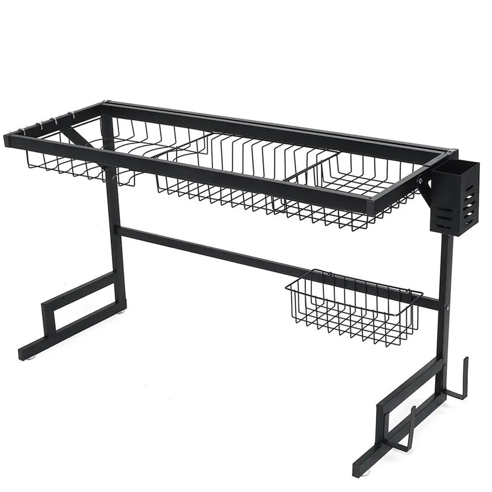 Dish Drying Rack Over Sink Display Stand Drainer Stainless Steel Kitchen Supplies Storage Shelf Utensils Holder (Black)
