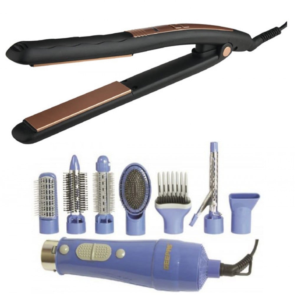 Buy 2 in 1 Geepas Bundle Pack 8 In 1 Hair Styler with 7 Attachments GH731  and Ceramic Hair Straightener GH8723 Online Qatar, Doha  |  OT7545
