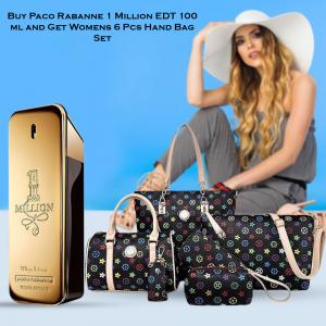 Buy Paco Rabanne 1 Million EDT 100 ml and Get Womens 6 Pcs PU Leather Composite European And America Style Hand Bag Set, Black FreeBuy