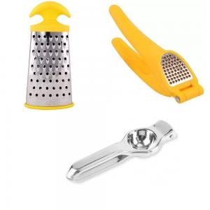 Combo Offer Classy Touch CT-1121 Lemon Squeezer And Opener, Classy Touch CT-383 Grater 3 In 1 Sided  Yellow and Silver And Classy Touch CT-394 Garlic Crusher