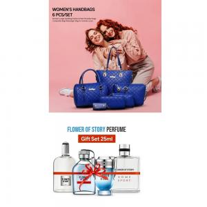2 in 1 Combo Offer  Womens Handbags 6 Pcs Set Blue with Flower of Story Perfume Gift Set, 25ml x 4 Piece, PCP01