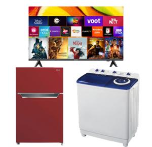 Impex Gloria UHD Smart LED TV 65 Inches Black And Impex Semi Automatic Washing Machine 12Kg White and Blue And Nobel Refrigerator Double Door 111 Liters Red
