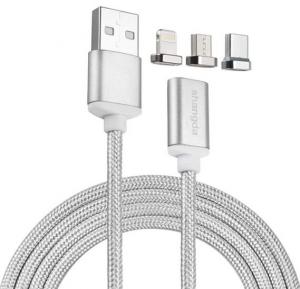 Magnetic 3-in-1 Lightning/Type-C and Micro USB Cable, Silver