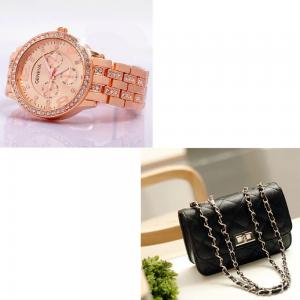 2 In 1 Geneva Rose Gold Watch With Quilted Mini Bag Black
