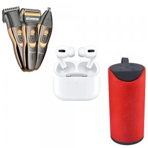 Progemei Waterproof 3 in 1 Hair Clipper and Trimmer Assorted with TWS Airpod Pro 3 Bluetooth Earphones Wireless Headset White and TG113 Bass Splashproof Wireless Bluetooth Speaker 