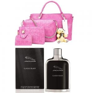 2 in 1 Womens 4 Pcs PU Composite Hand Bag Set with Teddy Keychain Pink, Jaguar Classic Black Edt 100ml For Men
