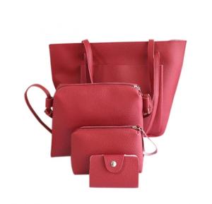 Jc 4 piece / set women simple casual solid Red color shopping bags set leisure one shoulder bags handbags