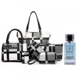 Buy Ruky Musk EDP 50 ML for Unisex and get Womens 6 Piece PU Leather Canvas Bag with Pattern/Print Zipper, Black Free