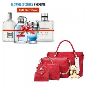 2 in 1 Combo Offer Womens 4 Pcs PU Composite Hand Bag Set with Teddy Keychain Red with Flower of Story Perfume Gift Set, 25ml x 4 Piece, PCP01