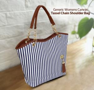 Generic Womens Canvas Tassel Chain Shoulder Bag Striped Hand Bag Blue