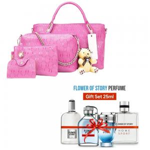 2 in 1 Combo Offer Womens 4 Pcs PU Composite Hand Bag Set with Teddy Keychain Pink with Flower of Story Perfume Gift Set, 25ml x 4 Piece, PCP01
