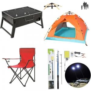 4 in 1 Camping Pack 4 Person Automatic Tent and Foldable Chair and BBQ Charcoal Grill with Outdoor LED Light