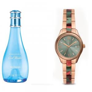 Combo Offer 2 In 1 Fossil Rye Automatic Rose Gold Stainless Steel and Acetate Watch With Davidoff Cool Water Women 100ml