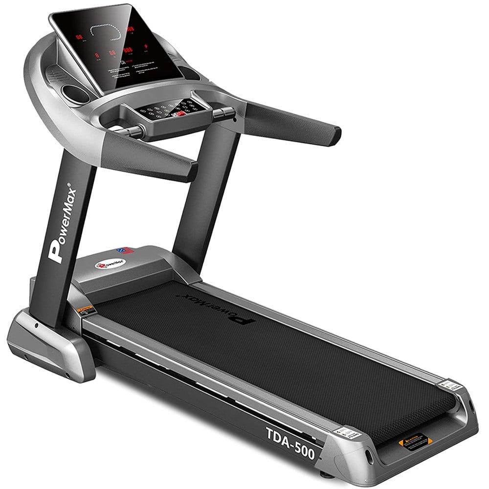 PowerMax Fitness Unisex Adult TDA-500 (6.0 Hp) Motorized Treadmill With Semi Auto Lubrication With 3d Smart Touch Keys For Cardio Workout - Black/Grey, General-Foldable