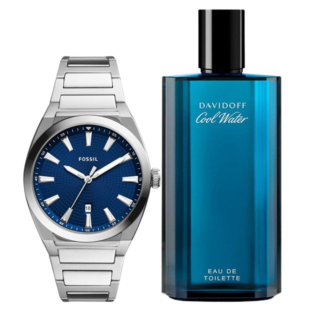 2 In 1 Davidoff Cool Water Edt 125 ml Perfume For Men And Fossil SP/FS5822 Analog Watch For Men