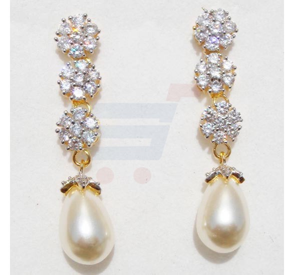 Buy Golden Essentials 18K Gold Plated CZ Flowers Pearl Drop Earrings ...