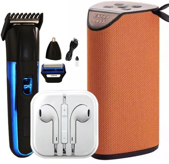 3 in 1 Bundle Pack Coloured Headsets, Bluetooth Speaker and Cordless Nose-Ear Trimmer