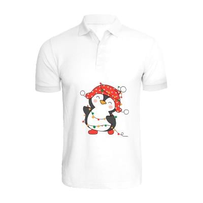 BYFT 110101010630 Holiday Themed Embroidered Cotton T-Shirt Penguin Entangled in String Lights Unisex Personalized Polo Neck T-Shirt White XL