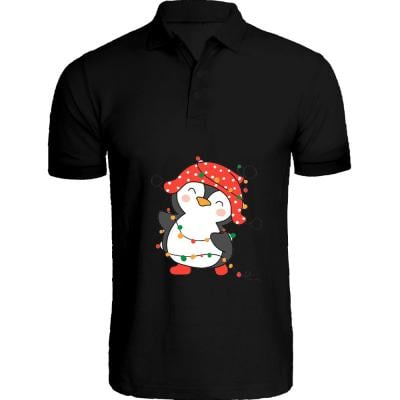 BYFT 110101009696 Holiday Themed Printed Cotton T-Shirt Penguin Entangled in String Lights Unisex Personalized Polo Neck T-Shirt Medium Black