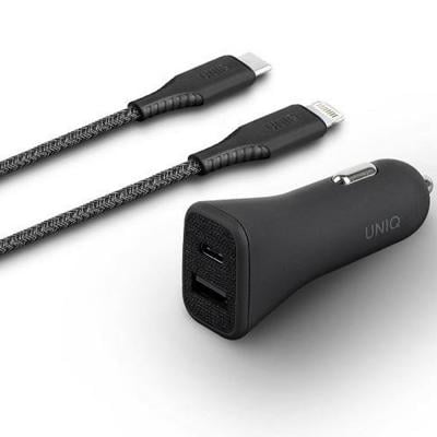 UNIQ Votra Duo 30W Car Charger with USB-C PD + USB-C to lightning Cable Charcoal Black