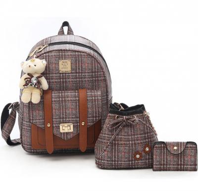 Women Backpacks Fashion Bear Pendant Bags 3 pcs Sets-brown