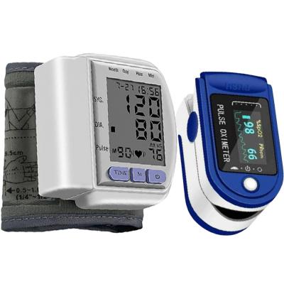 2 In 1 Elony Automatic Digital LED Monitor Display Wrist Blood Pressure Meter, CK-120S And Fingertip Pulse Oximeter Blue And White, LK87
