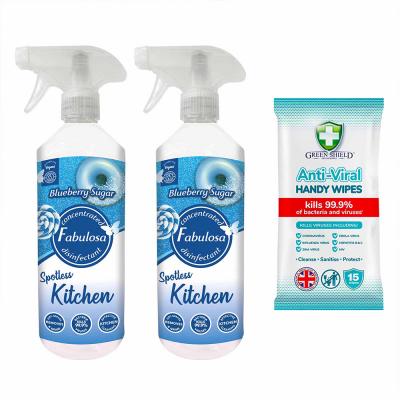 Fabulosa Antibacterial Kitchen Spray Blueberry Sugar 2X500 ml, Free Greenshield Anti-Viral Wipes 15s