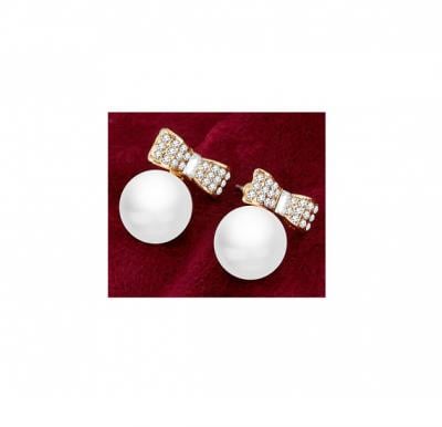 Victoria 18K Gold Plated Ribbon Pearl Drop Shape Design Earrings With CZ Stones, VKE102