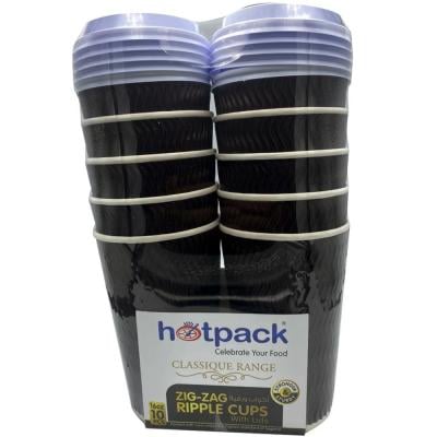 Hotpack HSMPCZZR16C Zig Zag Ripple Paper Cup with Lid 16 oz 10pcs Black