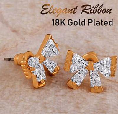 Victoria 18K Gold Plated Elegant Ribbon Rhinestones Shape Open Design Earrings, VKE105