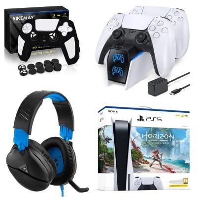 Sony PS5 Console with Horizon Voucher White and Recon 70 Headset for PS4 Pro and PS4 and  PS5 Controller Charger Station and Sikemay PS5 Controller Skin