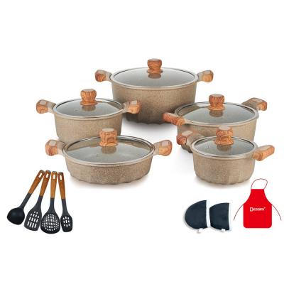 Dessini GCS23 Granite Cookware Set with Glass Lid with Kitchen Tools 17Pcs Brown