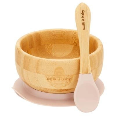 Milk It Baby MI-BAMBDP004 Bamboo Suction Baby Bowl & Spoon Set Dusty Pink