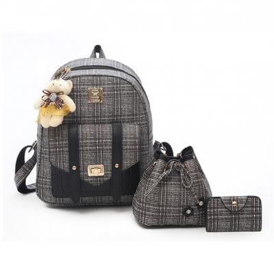Women Backpacks Fashion Bear Pendant Bags 3 pcs Sets-Black