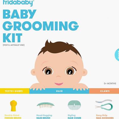 Fridababy Baby Grooming Kit by Fridababy Includes Finger Brush with Storage Stand Hair Brush with Case Styling Hair Comb Easy Grip Nail Scissors with Nail File and Case Multicolor