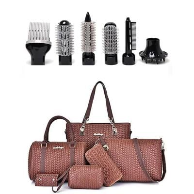 AMR Fashions 6 Pcs Set Faux Leather Hand Bag, Brown and Krypton 7 in 1 Hair Styler Kit, KNH6028