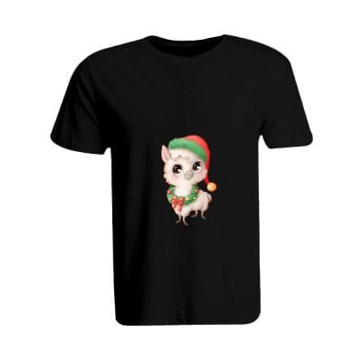 BYFT 110101011094 Holiday Themed Printed Cotton T-Shirt Llama with Christmas Cap Unisex Personalized Round Neck T-Shirt Black 2XL