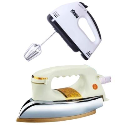 2 In 1 Santro Heavy Dry Iron HN-3530 And DSP Km2033 Hand Mixer, White