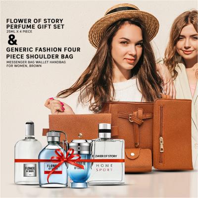 2 In 1 Fashion Four Piece Shoulder Bag For Women Brown And Flower of Story PCP01 Perfume gift set 25ml x 4 Piece
