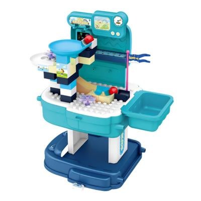 Little Story LS_BLSB_SLIBU 2in1 Mode Role Play Theme Park With Slide and Block Toy Set School Bag 52Pcs Blue
